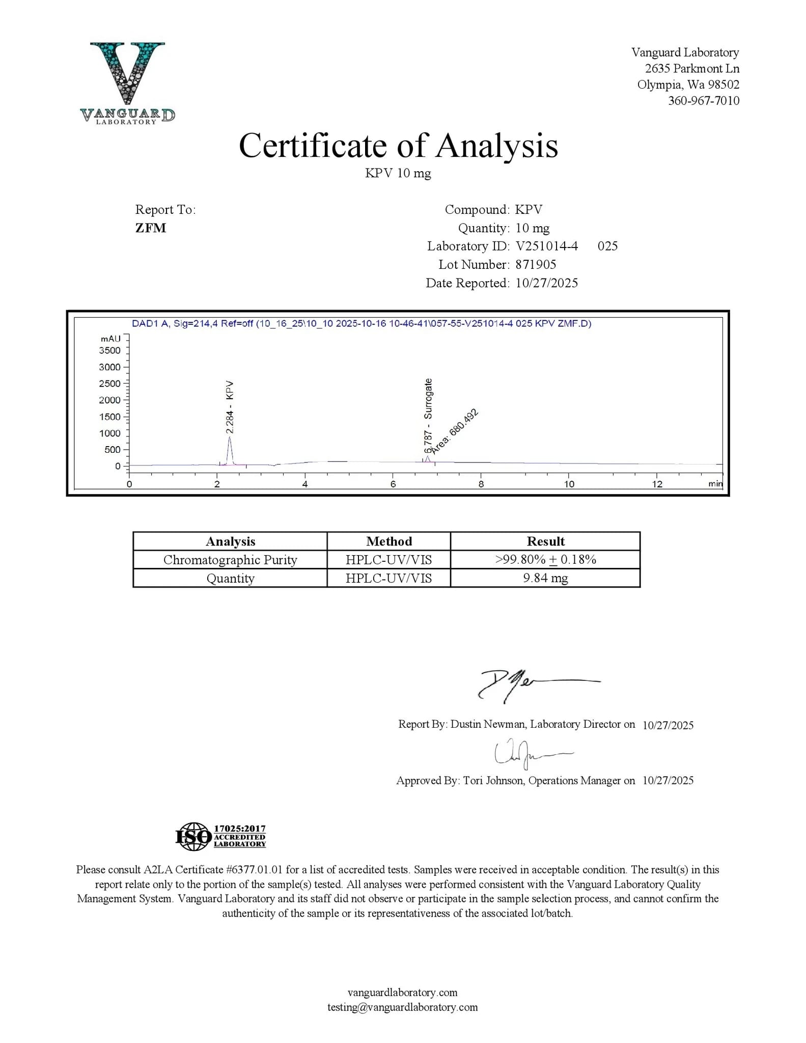 KLOW Certificate of Analysis - Vanguard Laboratory Page 2